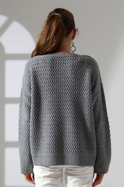 Gri Bisiklet Yaka Su Yolu Desenli Triko Kazak BCES-252008