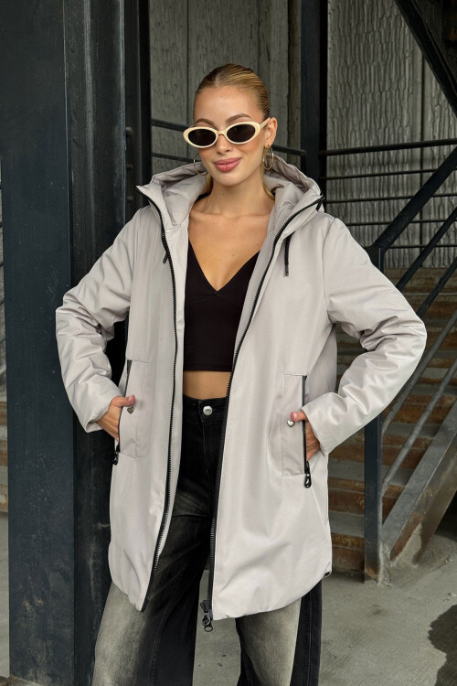 Gri Çift Cepli Kapüşonlu Mont BCVL-254203