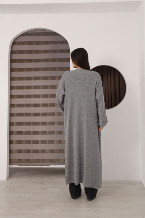 Gri Duble Kol Oversize Uzun Salaş Triko Hırka BCES-253010