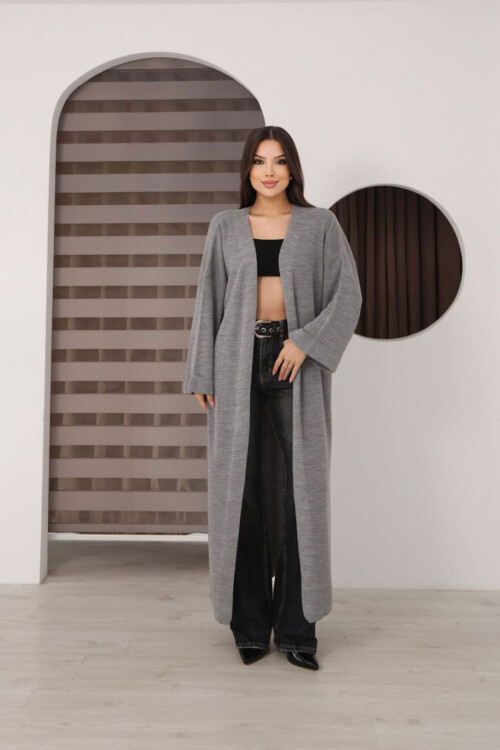 Gri Duble Kol Oversize Uzun Salaş Triko Hırka BCES-253010