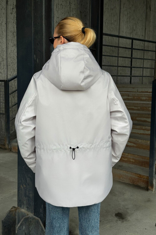 Gri Geniş Cepli Kapüşonlu Uzun Mont BCVL-254205