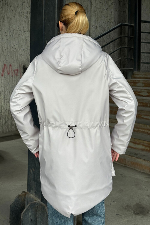 Gri Geniş Cepli Kapüşonlu Uzun Mont BCVL-254205