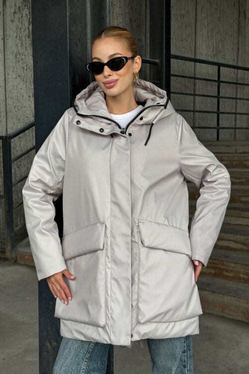 Gri Geniş Cepli Kapüşonlu Uzun Mont BCVL-254205