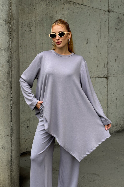 Gri Rahat Kalıp Asimetrik Bluz Ve Pantolon Modal Kumaş Alt Üst Takım BCVL-25V231