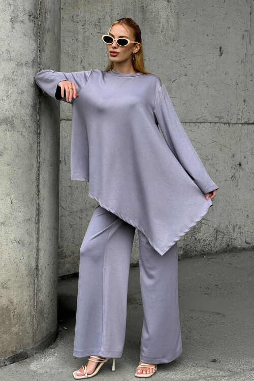 Gri Rahat Kalıp Asimetrik Bluz Ve Pantolon Modal Kumaş Alt Üst Takım BCVL-25V231