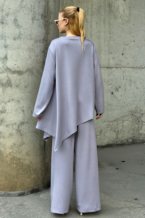 Gri Rahat Kalıp Asimetrik Bluz Ve Pantolon Modal Kumaş Alt Üst Takım BCVL-25V231