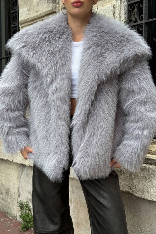 Gri Suni Kürk Premium Peluş Ceket BCVL-25V218