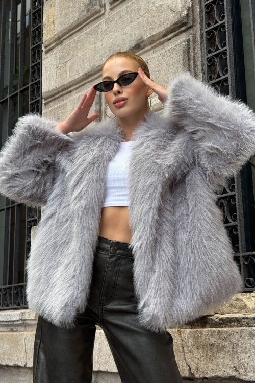 Gri Suni Kürk Premium Peluş Ceket BCVL-25V218