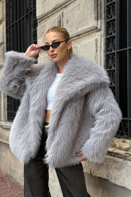 Gri Suni Kürk Premium Peluş Ceket BCVL-25V218