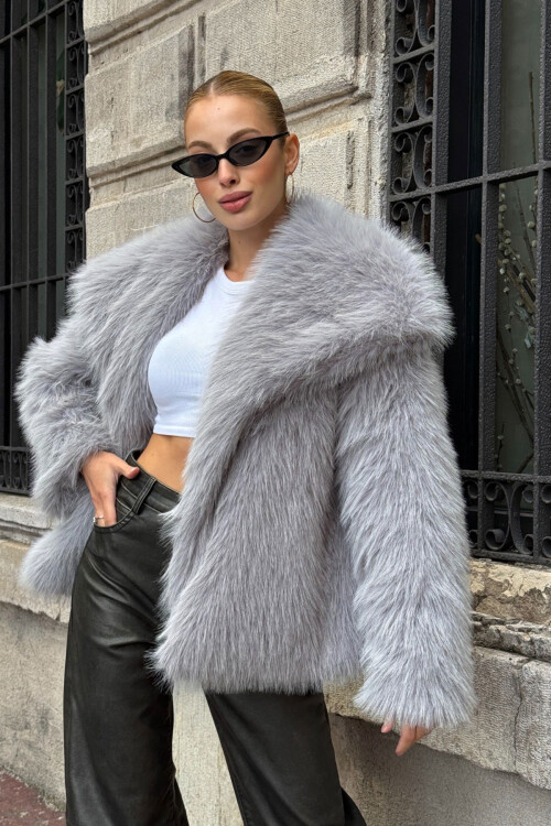 Gri Suni Kürk Premium Peluş Ceket BCVL-25V218