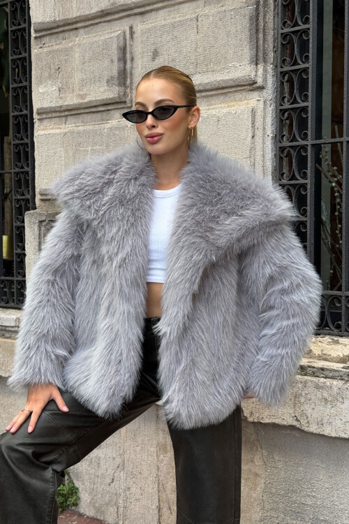 Gri Suni Kürk Premium Peluş Ceket BCVL-25V218