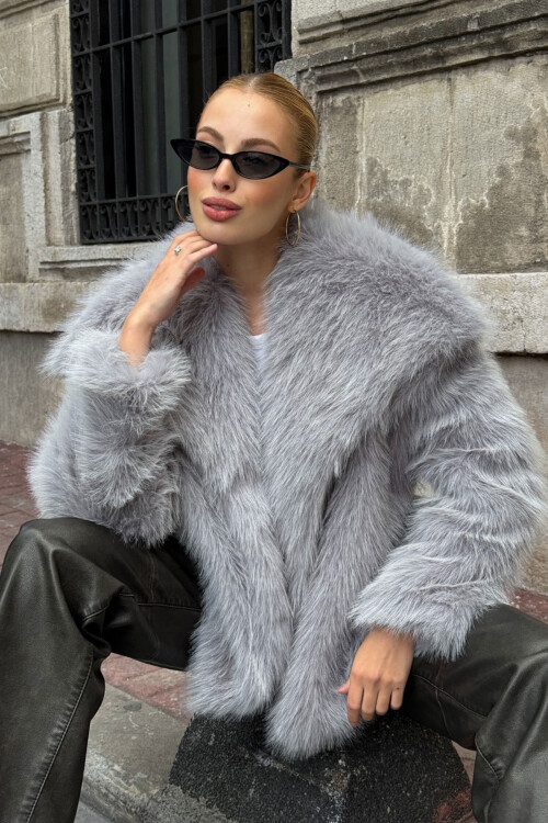 Gri Suni Kürk Premium Peluş Ceket BCVL-25V218