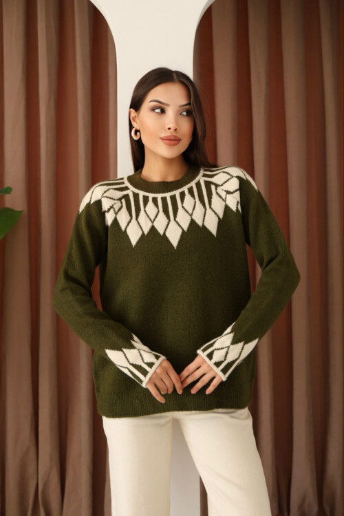 Haki Bisiklet Yaka Desenli Triko Kazak BCES-253003