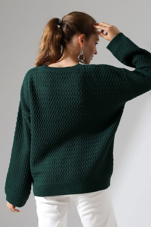 Haki Bisiklet Yaka Su Yolu Desenli Triko Kazak BCES-252008