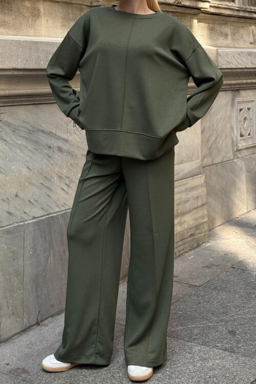 Haki Bisiklet Yaka Yırtmaç Detaylı Bluz Ve Rahat Kesim Pantolon Modal Alt Üst Takım BCVL-25V215