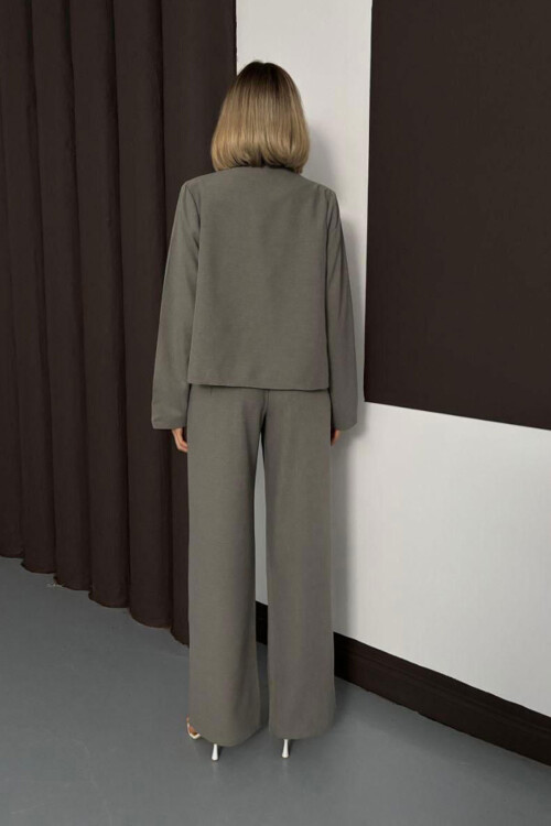 Haki Çift Cep Kapaklı Ceket Ve Palazzo Pantolon Dokuma Alt Üst Takım BCHN-254002