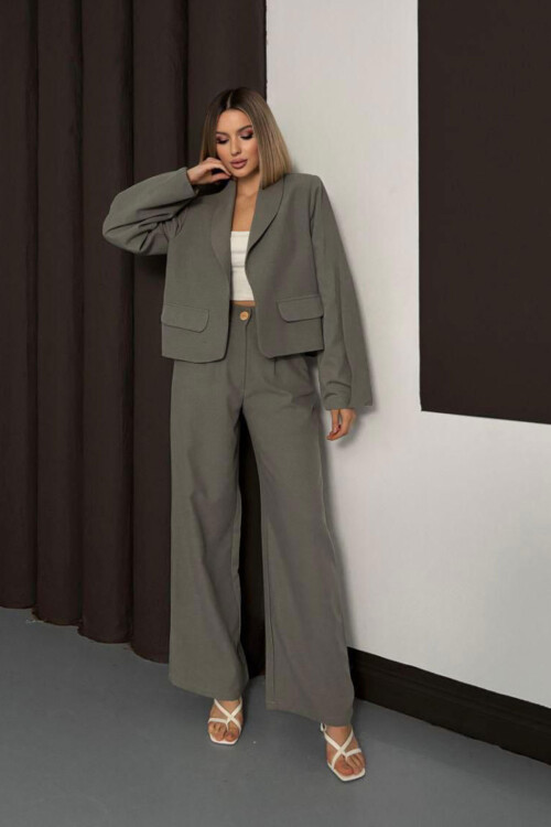 Haki Çift Cep Kapaklı Ceket Ve Palazzo Pantolon Dokuma Alt Üst Takım BCHN-254002