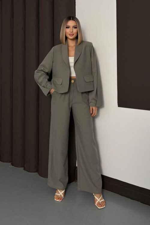 Haki Çift Cep Kapaklı Ceket Ve Palazzo Pantolon Dokuma Alt Üst Takım BCHN-254002