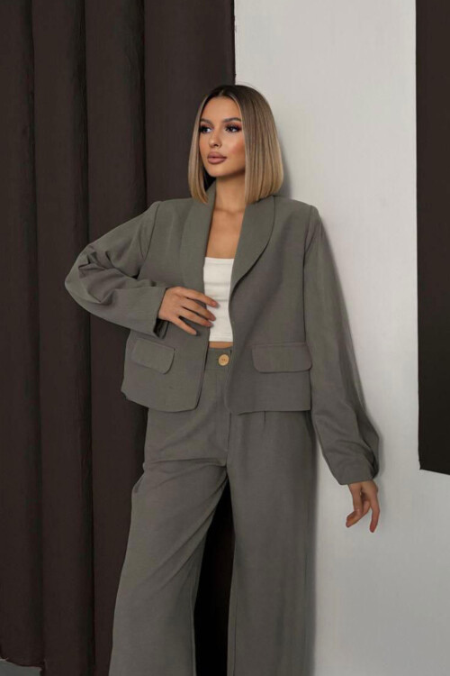 Haki Çift Cep Kapaklı Ceket Ve Palazzo Pantolon Dokuma Alt Üst Takım BCHN-254002