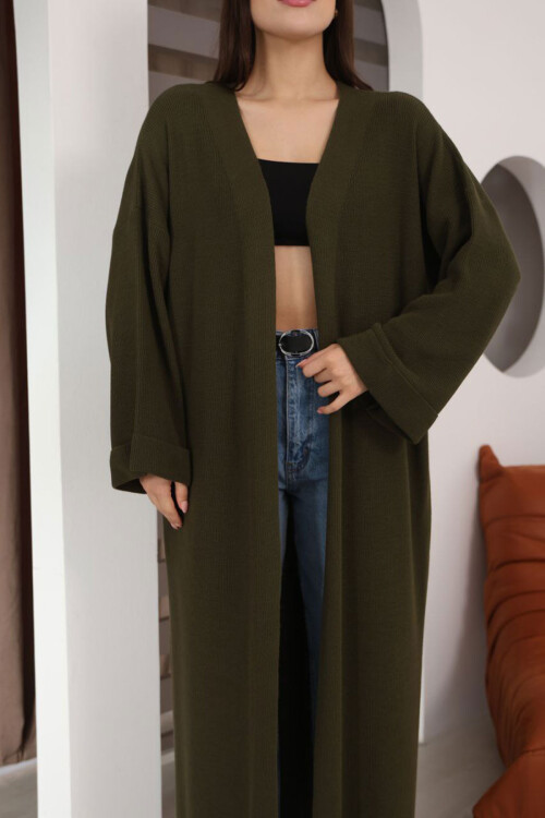 Haki Duble Kol Oversize Uzun Salaş Triko Hırka BCES-253010