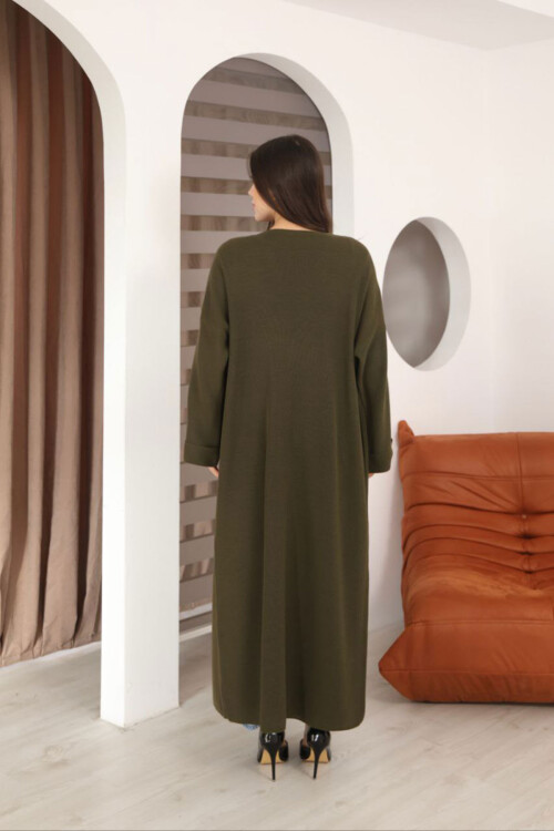 Haki Duble Kol Oversize Uzun Salaş Triko Hırka BCES-253010