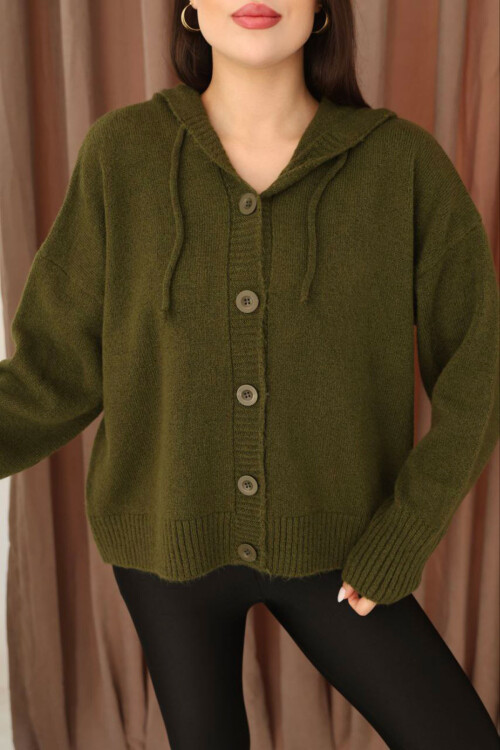 Haki Düğmeli Kapüşonlu Soft Touch Triko Hırka BCES-253009