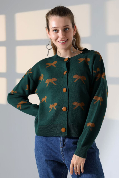 Haki Fiyonk Desenli Düğmeli Triko Hırka BCES-252044