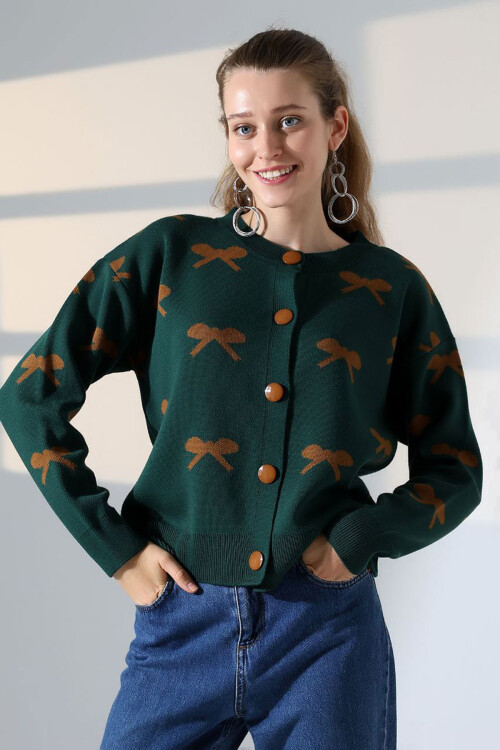 Haki Fiyonk Desenli Düğmeli Triko Hırka BCES-252044