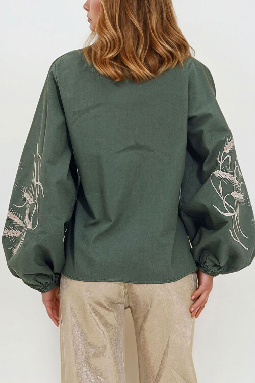 Haki Kolları İşlemeli Poplin Dokuma Gömlek BCHESQ-251033