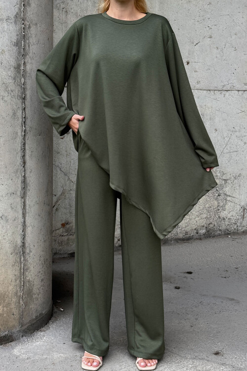 Haki Rahat Kalıp Asimetrik Bluz Ve Pantolon Modal Kumaş Alt Üst Takım BCVL-25V231