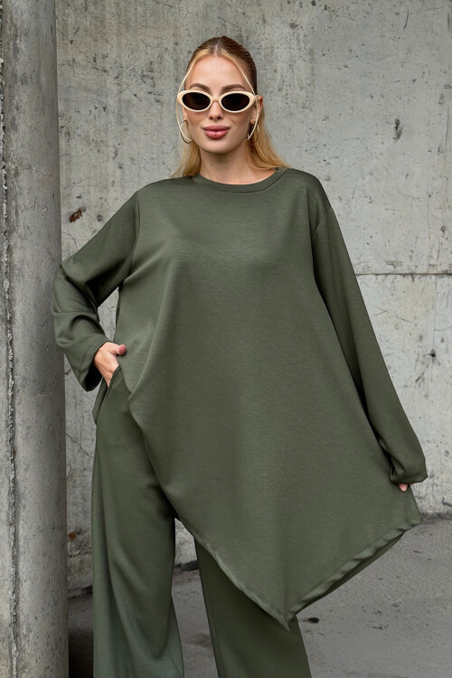 Haki Rahat Kalıp Asimetrik Bluz Ve Pantolon Modal Kumaş Alt Üst Takım BCVL-25V231
