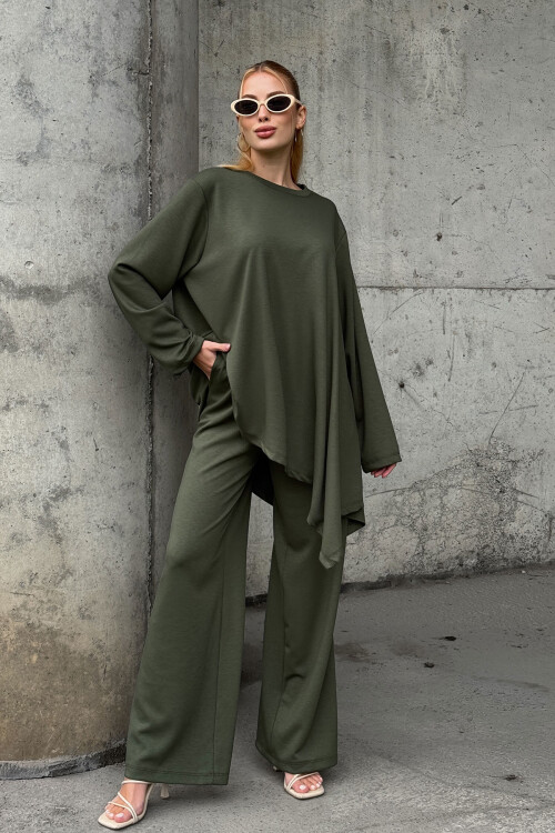 Haki Rahat Kalıp Asimetrik Bluz Ve Pantolon Modal Kumaş Alt Üst Takım BCVL-25V231
