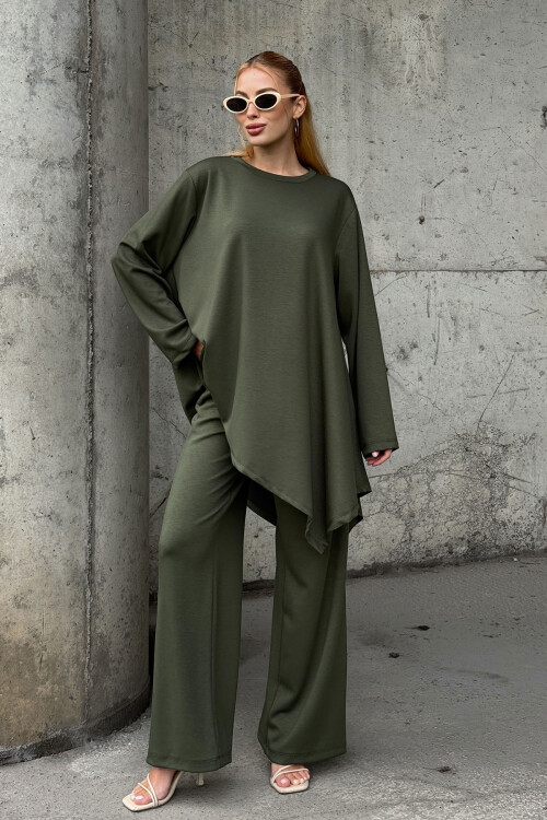 Haki Rahat Kalıp Asimetrik Bluz Ve Pantolon Modal Kumaş Alt Üst Takım BCVL-25V231