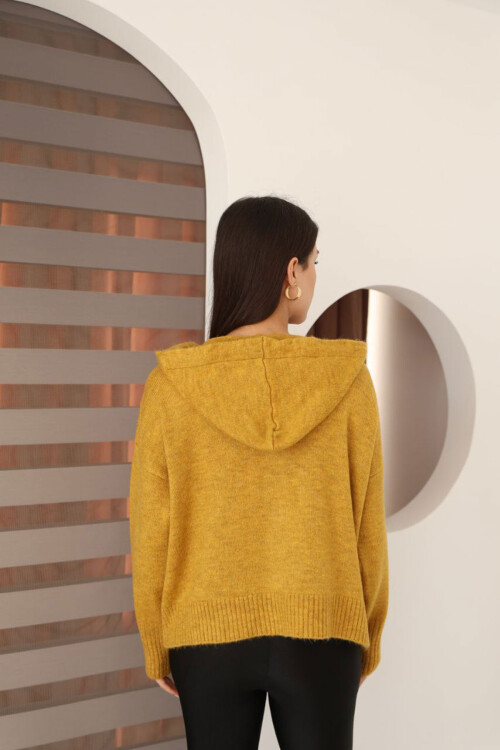 Hardal Sarısı Düğmeli Kapüşonlu Soft Touch Triko Hırka BCES-253009