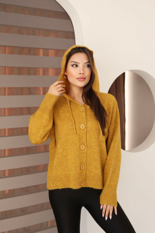 Hardal Sarısı Düğmeli Kapüşonlu Soft Touch Triko Hırka BCES-253009