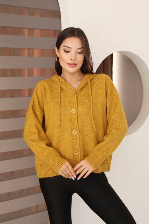 Hardal Sarısı Düğmeli Kapüşonlu Soft Touch Triko Hırka BCES-253009
