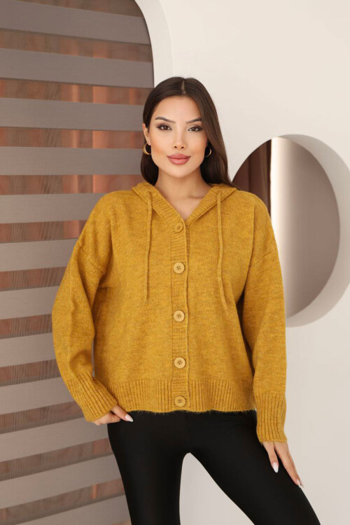 Hardal Sarısı Düğmeli Kapüşonlu Soft Touch Triko Hırka BCES-253009