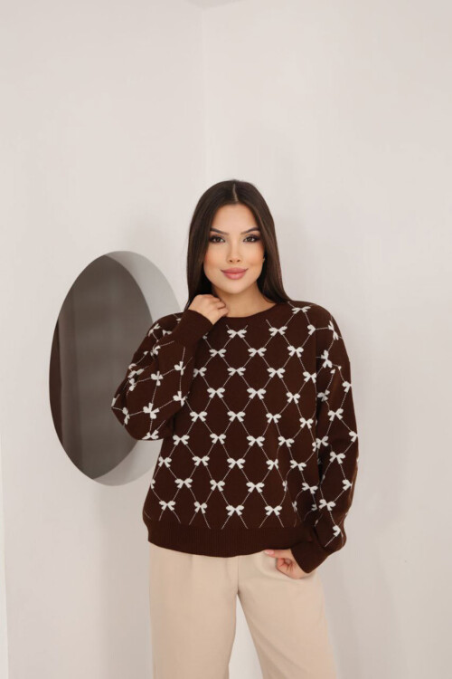 Kahverengi Bisiklet Yaka Fiyonklu Triko Kazak BCES-253012