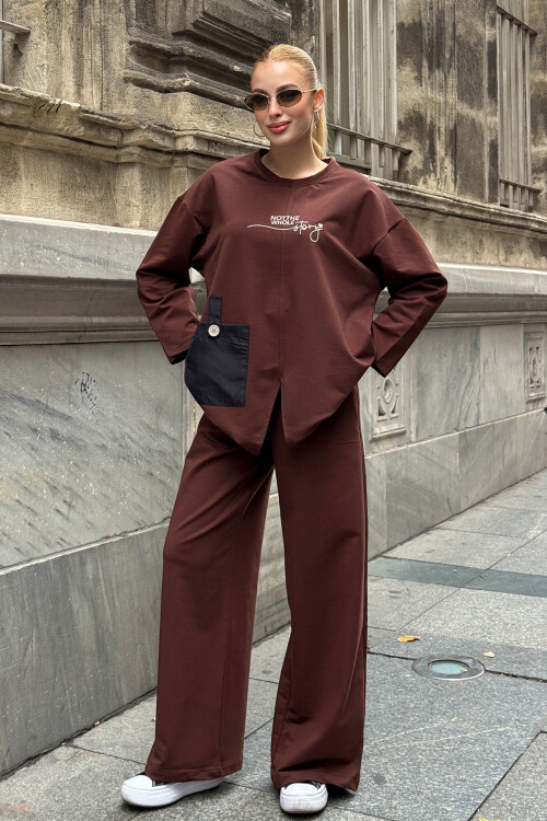 Kahverengi Cep Detaylı 2 İplik Örme Bluz Ve Pantolon Alt Üst Takım BCVL-25V227