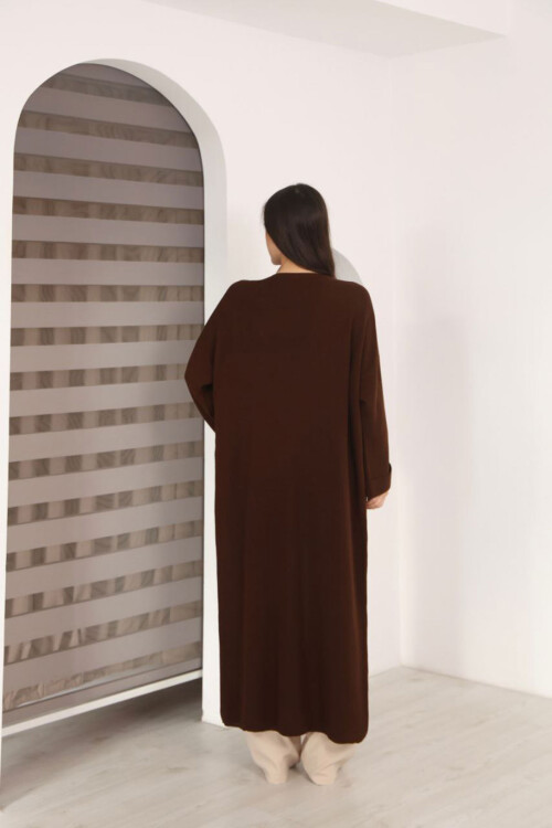 Kahverengi Duble Kol Oversize Uzun Salaş Triko Hırka BCES-253010