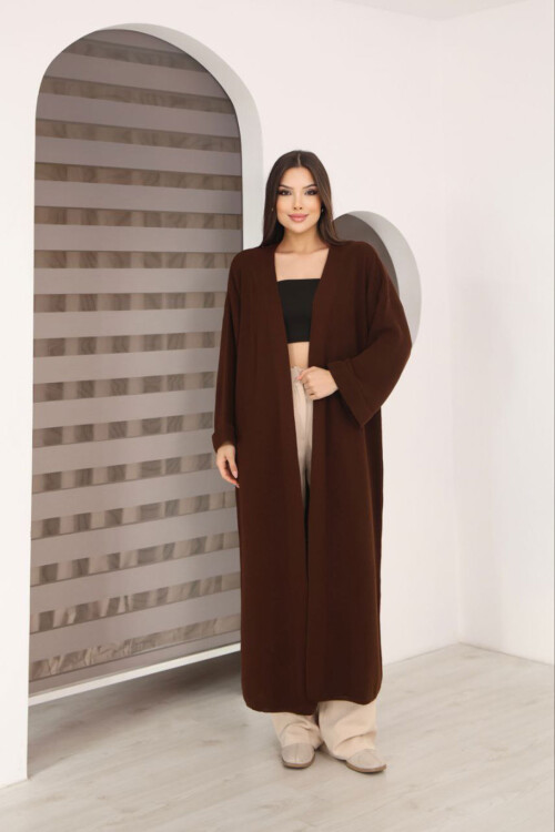 Kahverengi Duble Kol Oversize Uzun Salaş Triko Hırka BCES-253010