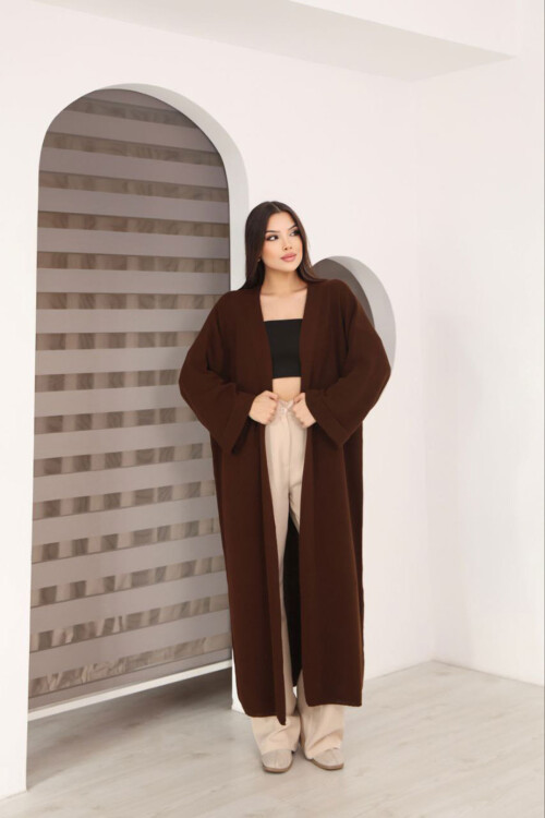 Kahverengi Duble Kol Oversize Uzun Salaş Triko Hırka BCES-253010