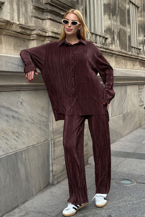 Kahverengi Gömlek Ve Palazzo Pantolon Piliseli Kumaş Dokuma Alt Üst Takım  BCVL-25V236