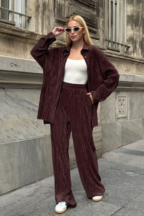 Kahverengi Gömlek Ve Palazzo Pantolon Piliseli Kumaş Dokuma Alt Üst Takım  BCVL-25V236