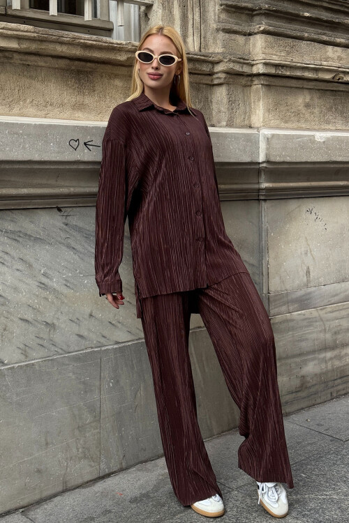 Kahverengi Gömlek Ve Palazzo Pantolon Piliseli Kumaş Dokuma Alt Üst Takım  BCVL-25V236