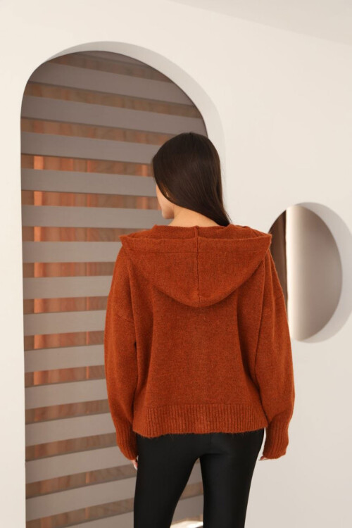 Kiremit Düğmeli Kapüşonlu Soft Touch Triko Hırka BCES-253009