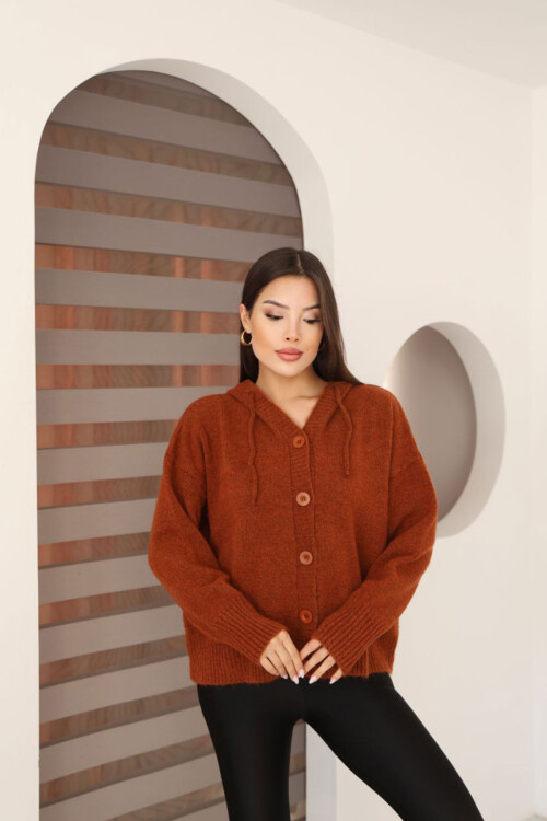 Kiremit Düğmeli Kapüşonlu Soft Touch Triko Hırka BCES-253009