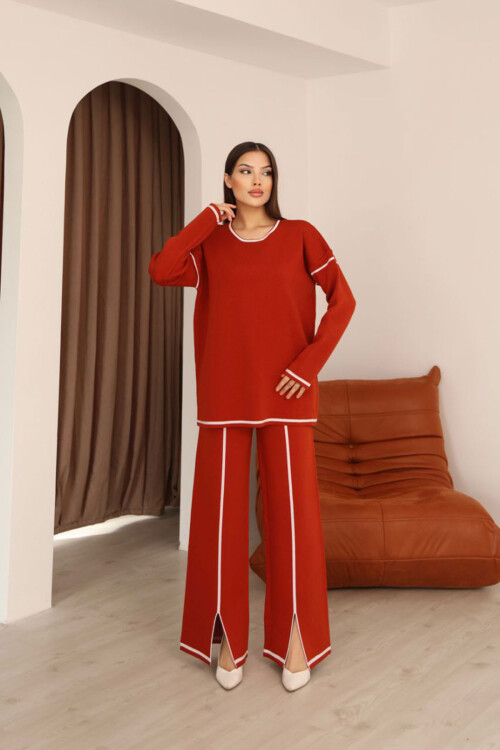 Kırmızı Çizgi Desenli Triko Kazak Ve Yırtmaçlı Pantolon Triko Alt Üst Takım BCES-253008