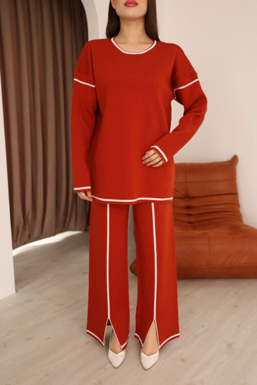 Kırmızı Çizgi Desenli Triko Kazak Ve Yırtmaçlı Pantolon Triko Alt Üst Takım BCES-253008