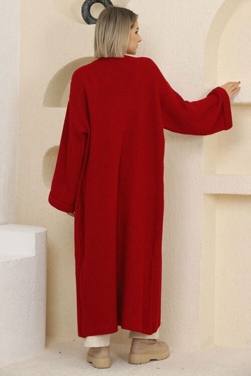 Kırmızı Duble Kol Uzun Tesettür Triko Hırka BCES-253000